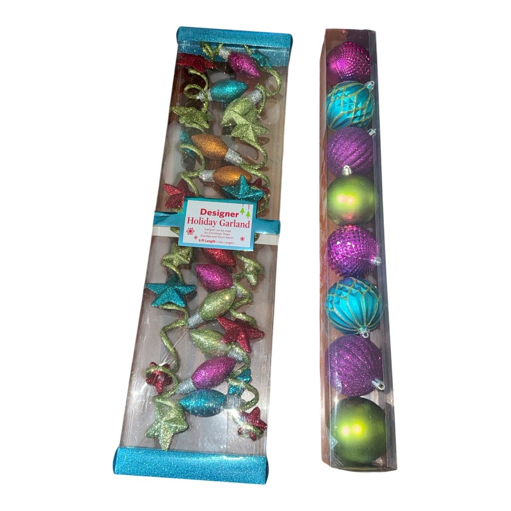Christmas Glitter Garland 6ft and Shatter Resistant Ornament Set Jewel Tones NEW